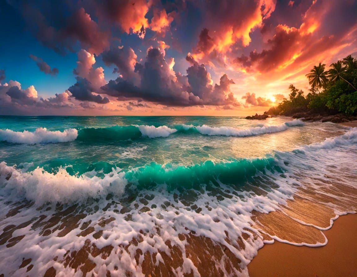 Sunset Over Tropical Beach With Crashing Waves