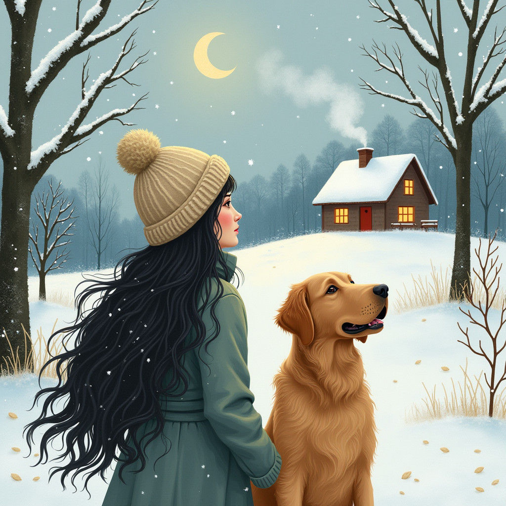 Winter Landscape with Woman and Dog in Watercolor Style