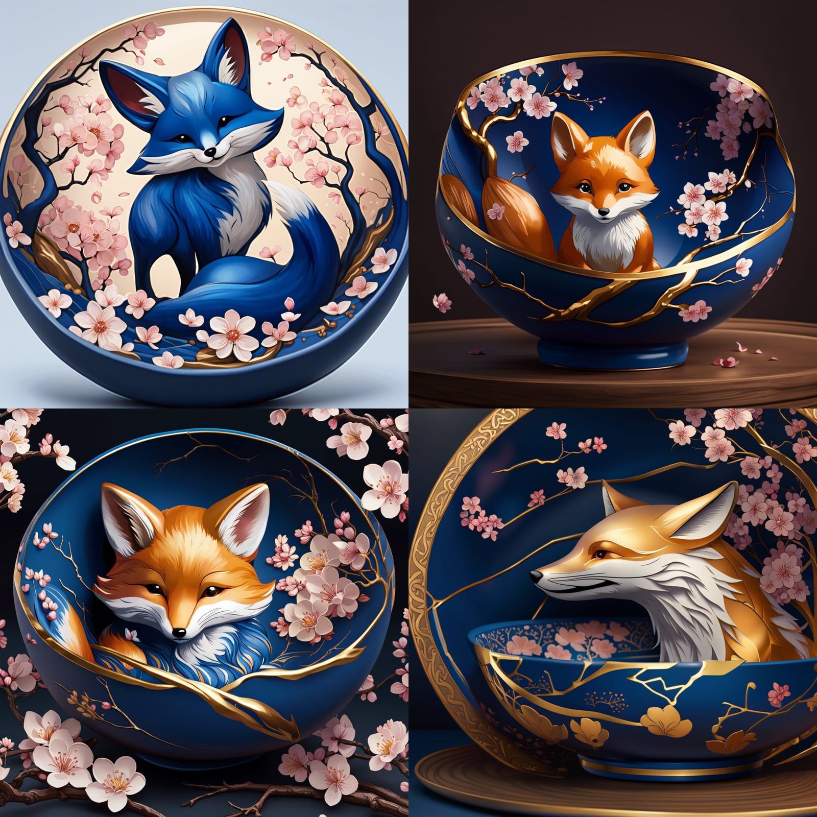 Kintsugi Bowl with Fox and Cherry Blossoms