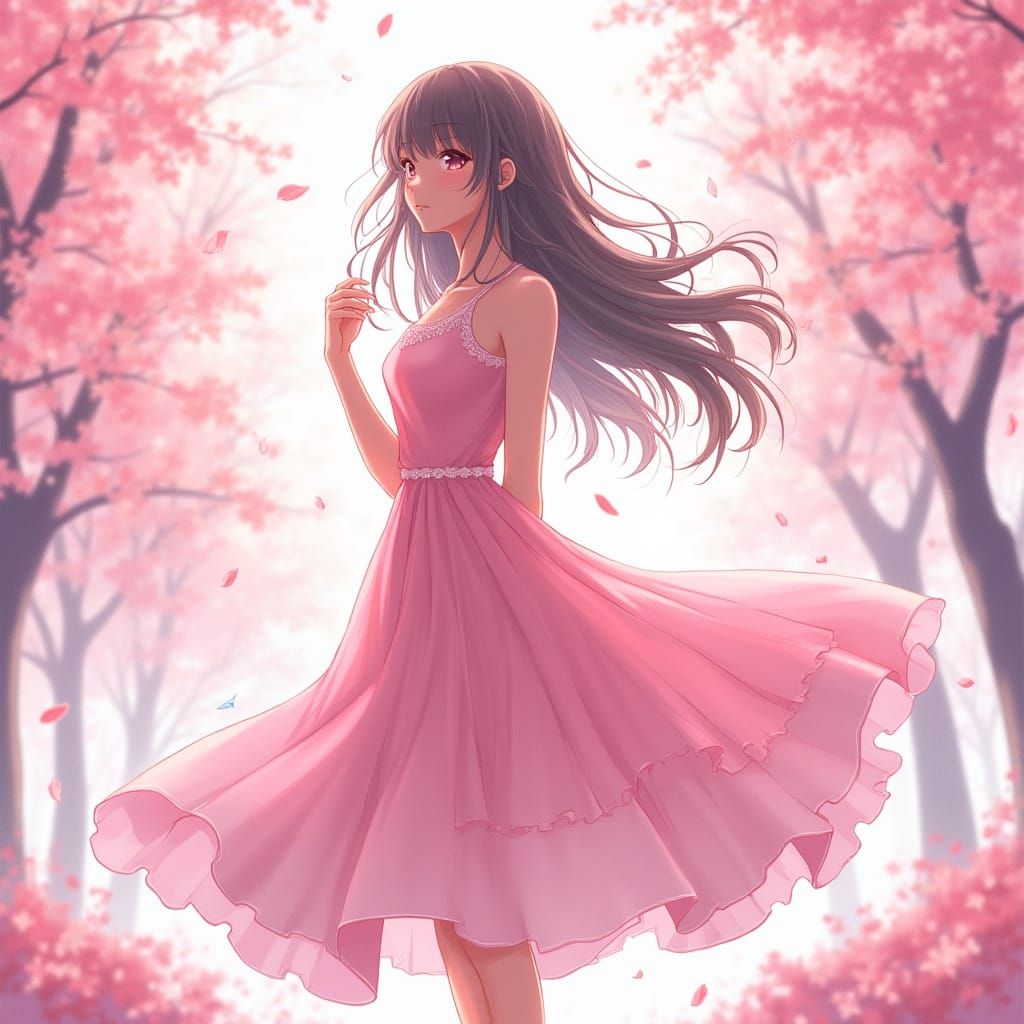 Anime Heroine in Cherry Blossom Garden