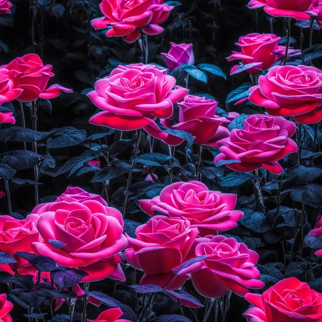 Luminous Rose Garden with Black Light, Digital Art