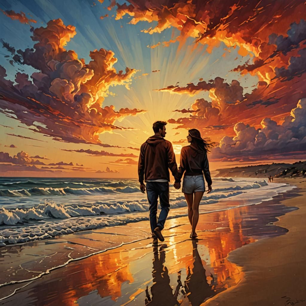 Sunset Stroll: Couple on Beach in Mixed Media