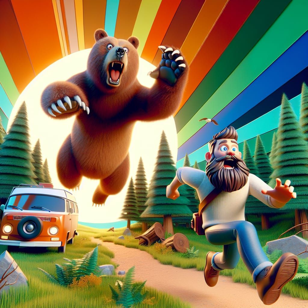 Brown Bear Chasing Man: Cartoon Style 3D Art