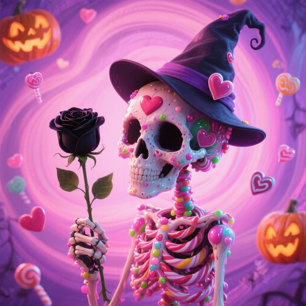 Candy Skull with Heart Witch Hat and Black Rose