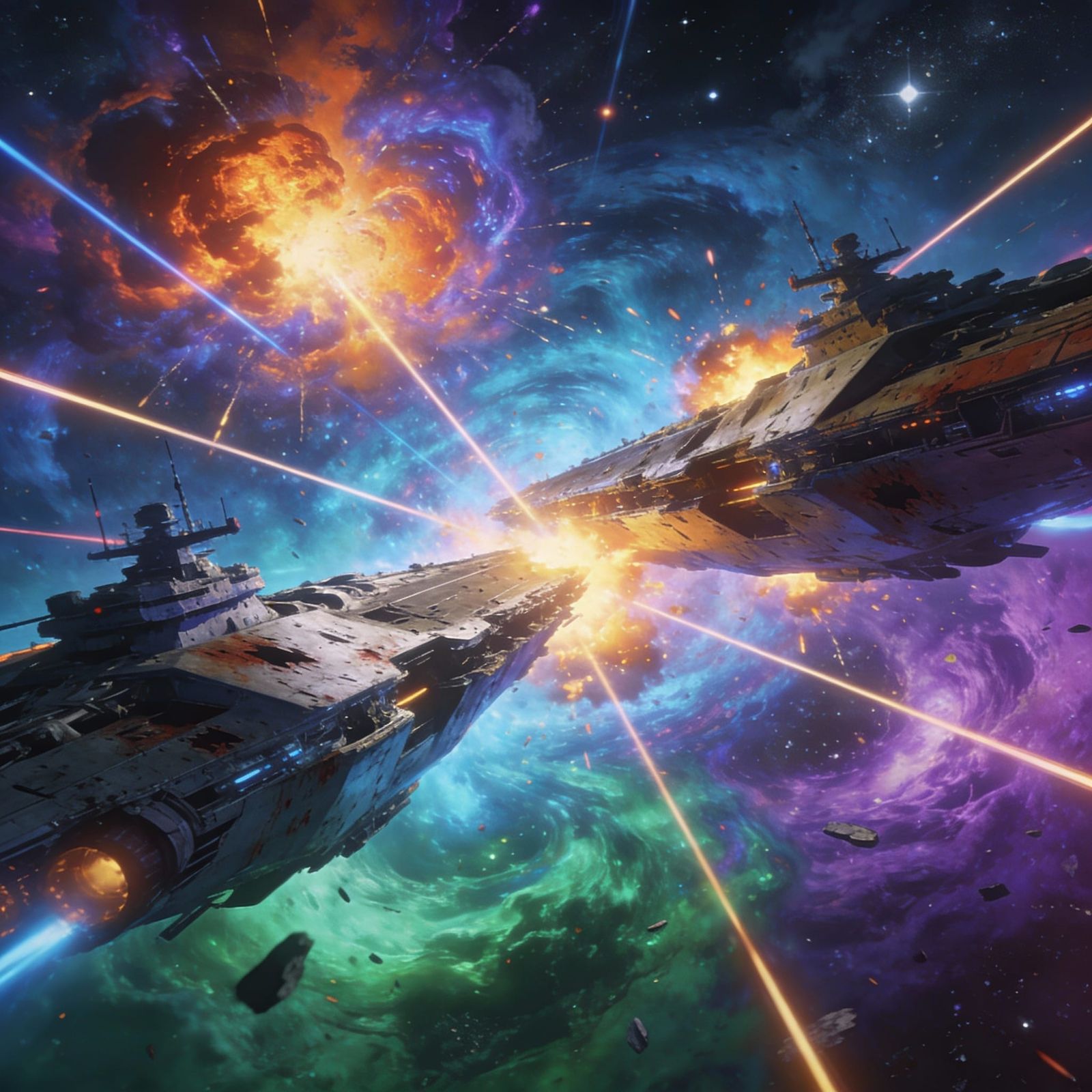 Cosmic Warships Battle Amidst Vibrant Nebulae