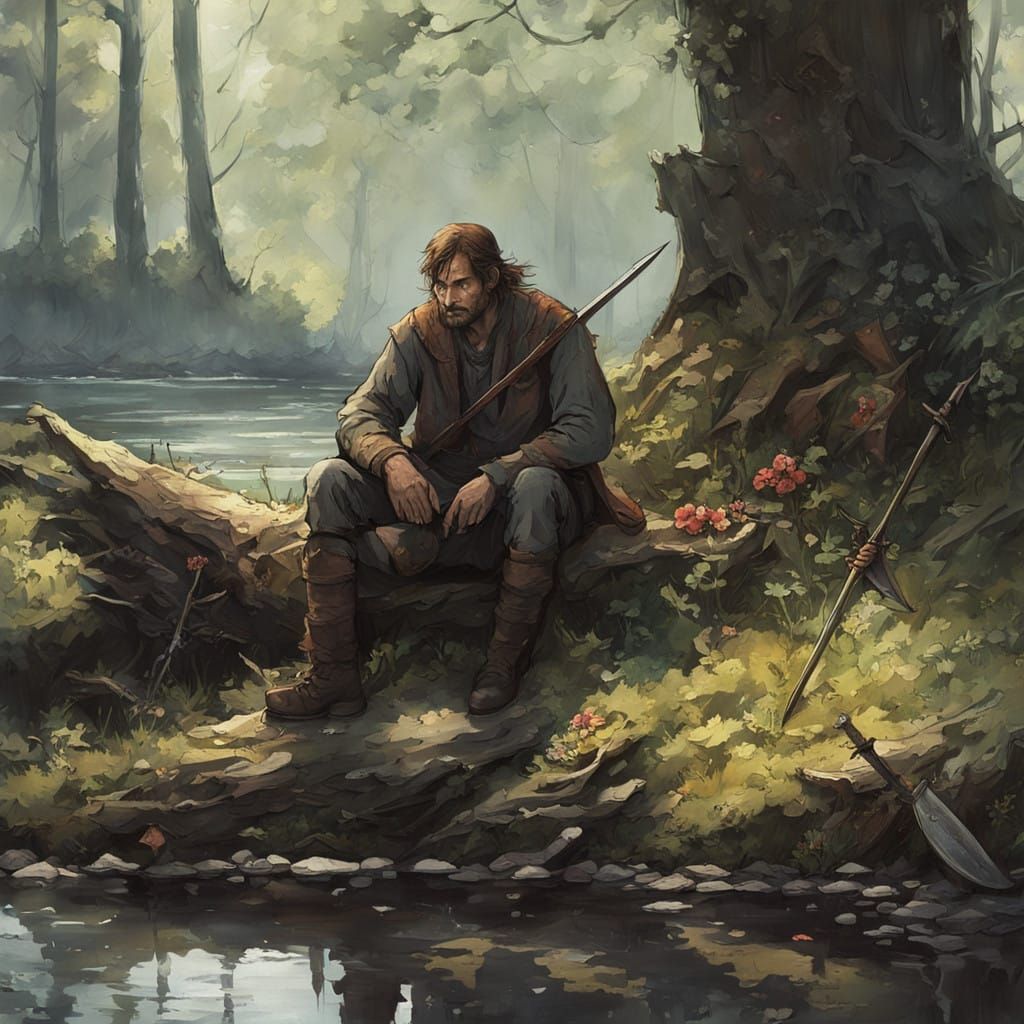 Weary Warrior Seated Beside Ancient Tree at Rivers Edge