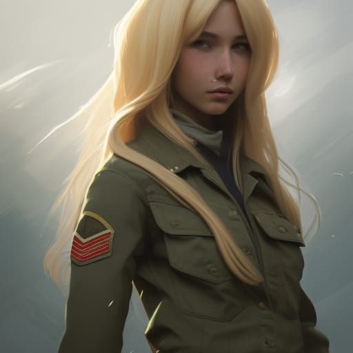 Teenage Girl in Army Jacket, Art Nouveau Style