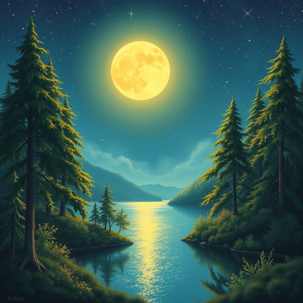 Dreamy Moonlit Landscape with Lake and Forest