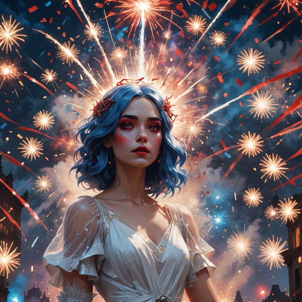 Hopeful Girl Surrounded by Fireworks, Digital Art