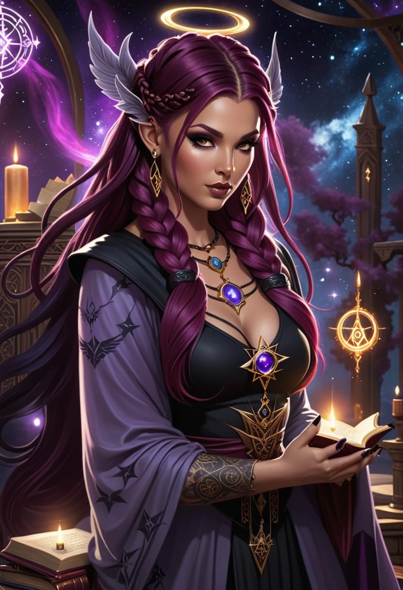 Elegant Wiccan Woman at Altar with Castle