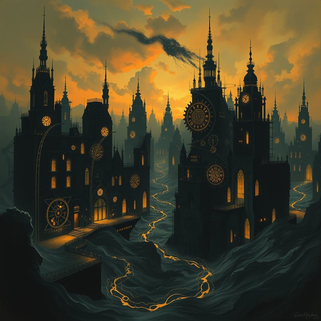 Surreal Dreamscape Cityscape with Clockwork Gears and Ink Se...