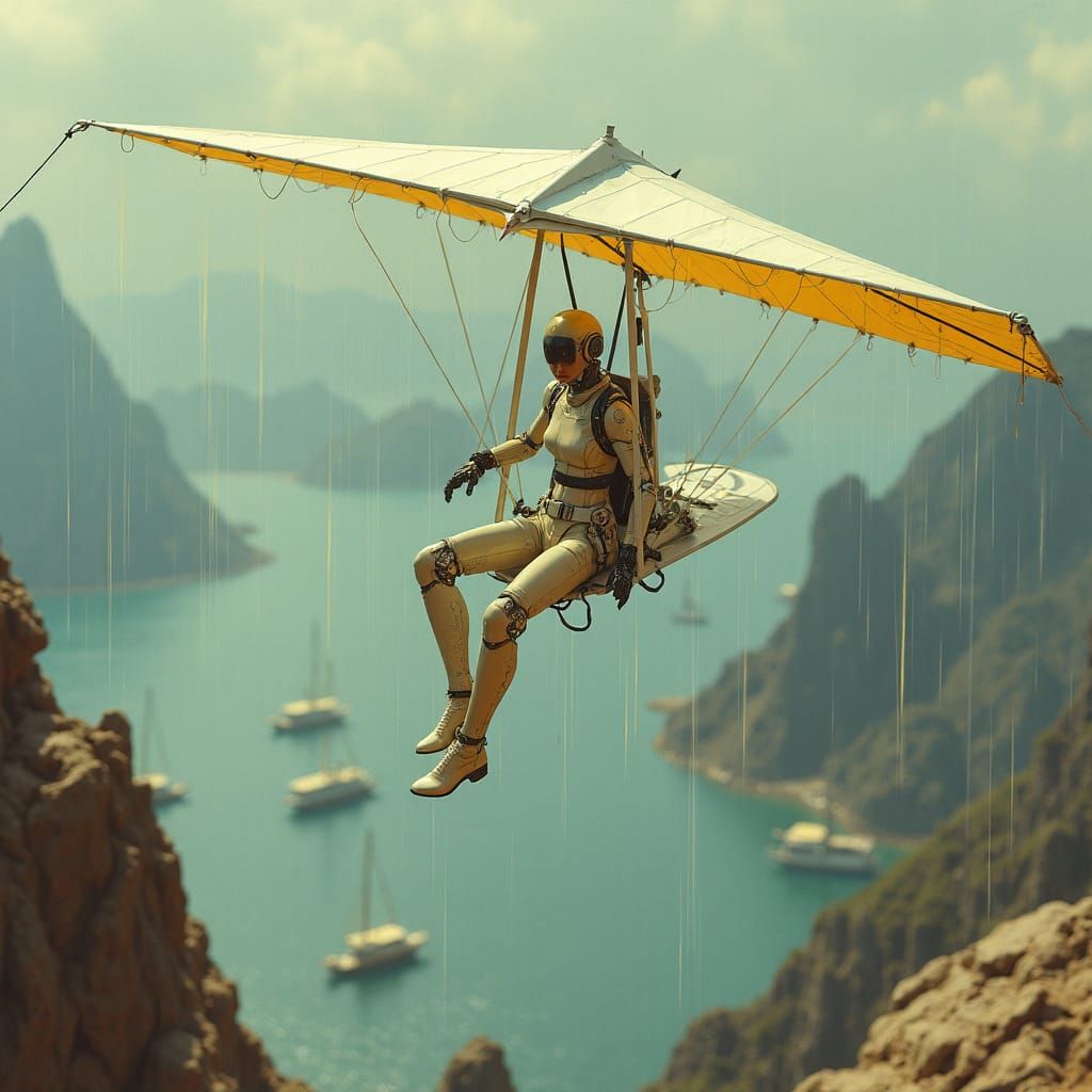 Robot Hang Gliding in Dystopian Cityscape