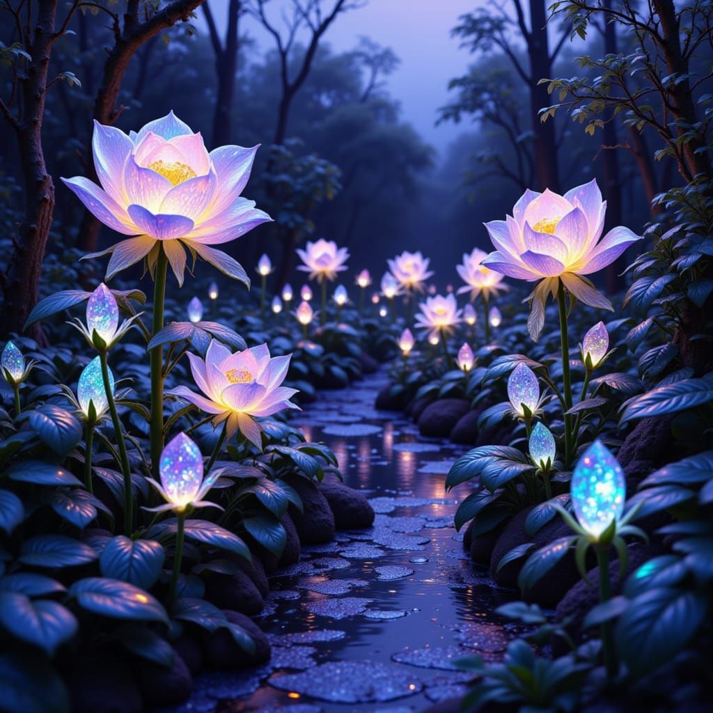 Opalescent Rose Sculptures in Magical Garden at Dusk