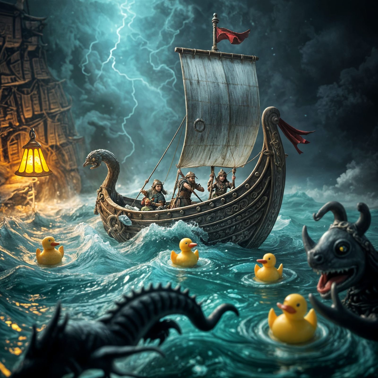 Viking Longship Battles Rubber Ducks in Stormy Bath