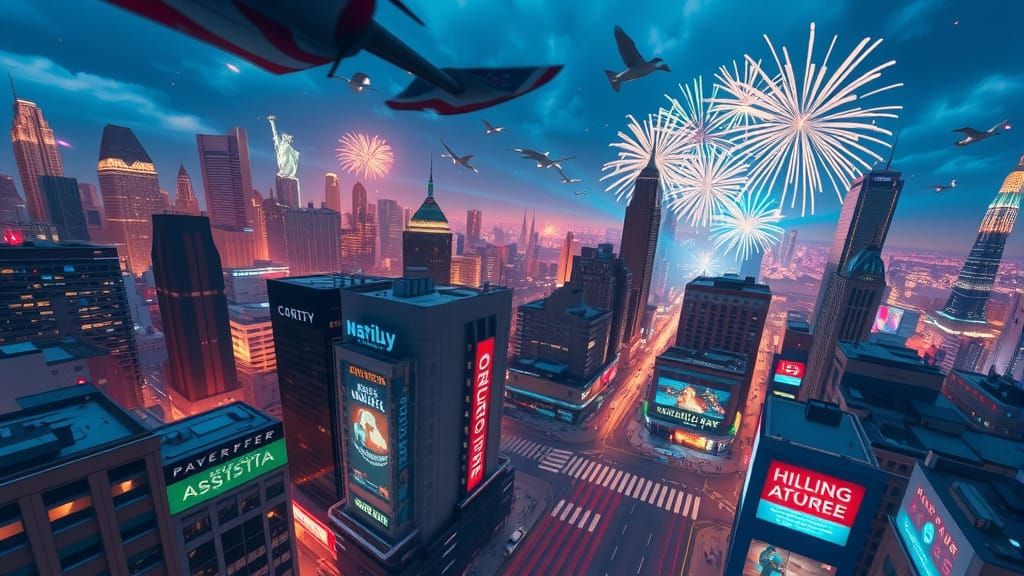 4th of July Cityscape with Fireworks, Digital Painting