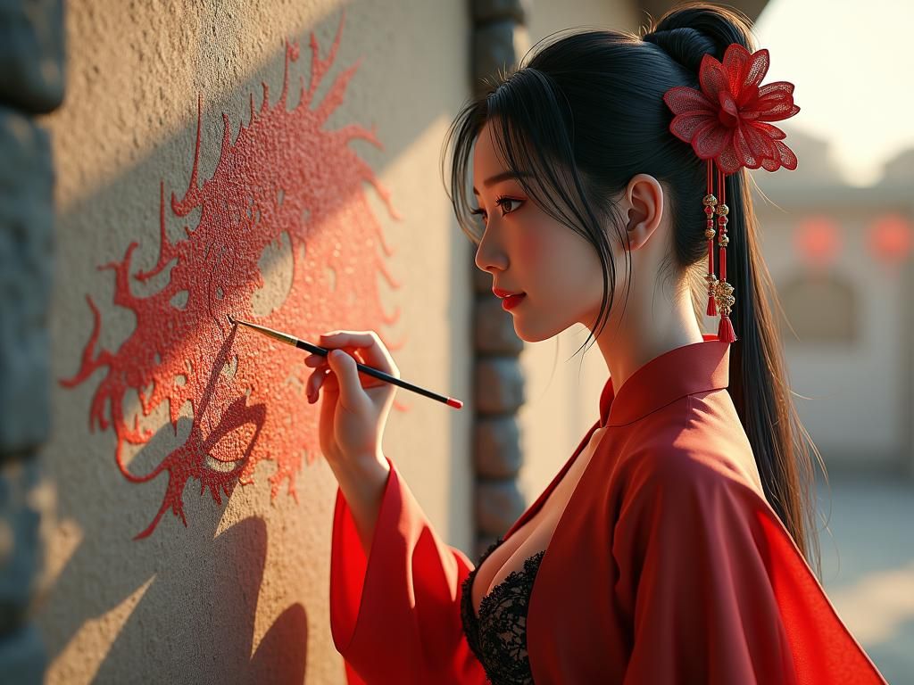 Chinese Woman Drawing Dragon Eye, Hyperrealistic Portrait