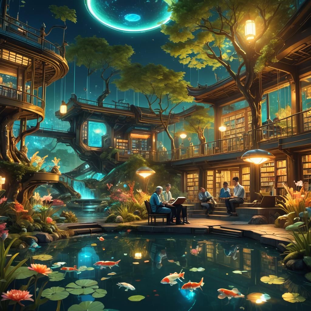 Futuristic Garden with Robotic Librarians in Techno-Nature S...