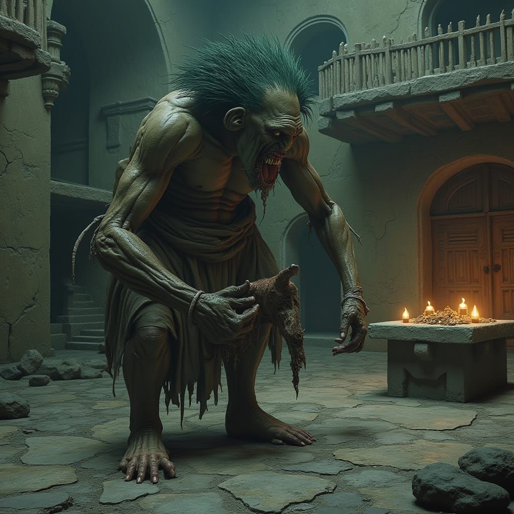 Colossal Troll in Dungeon, Hyperrealistic Photography
