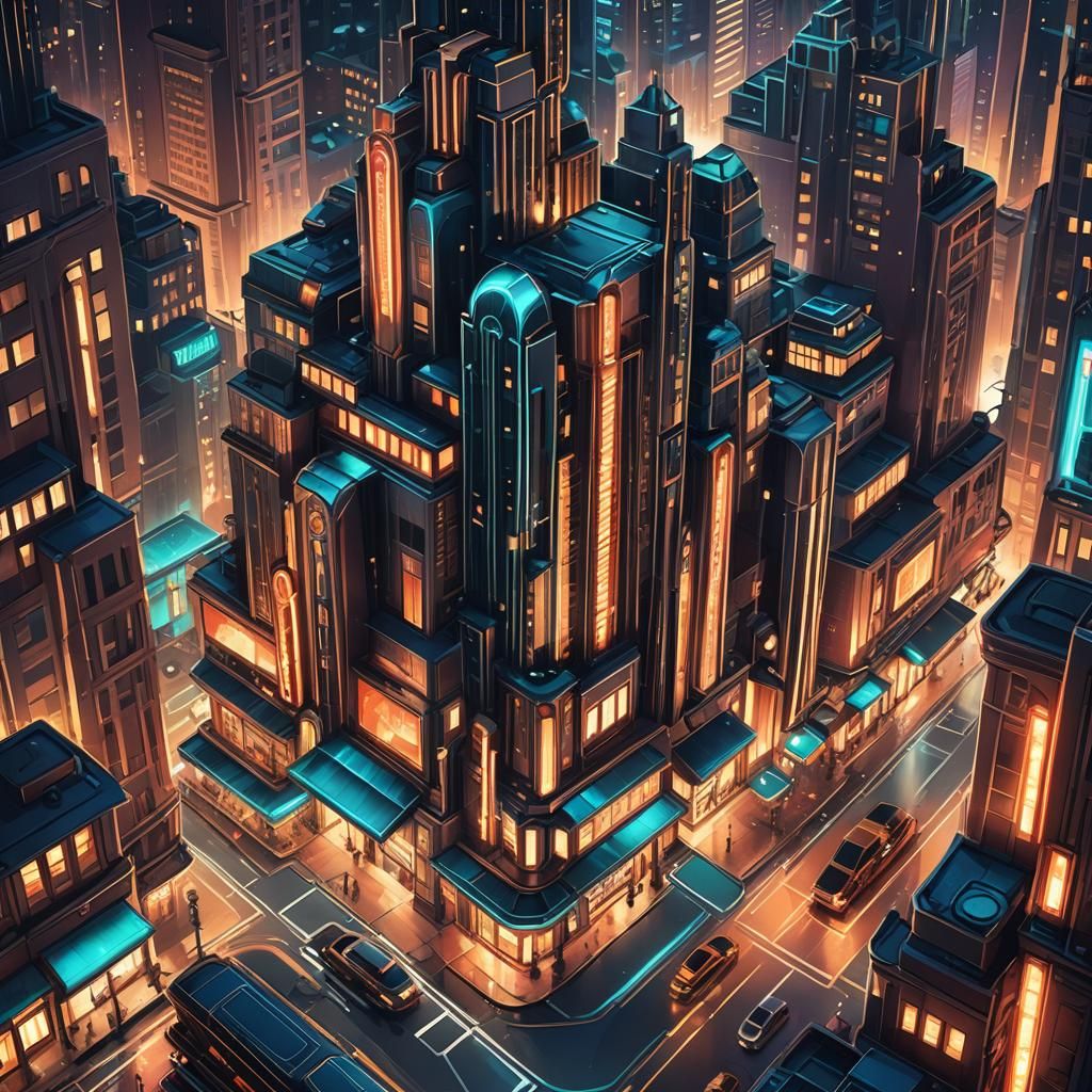 Art Deco Metropolis at Night in High Resolution