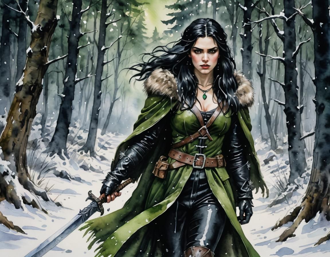 Barbarian Witch Magdala in Snowy Forest: Watercolor Art