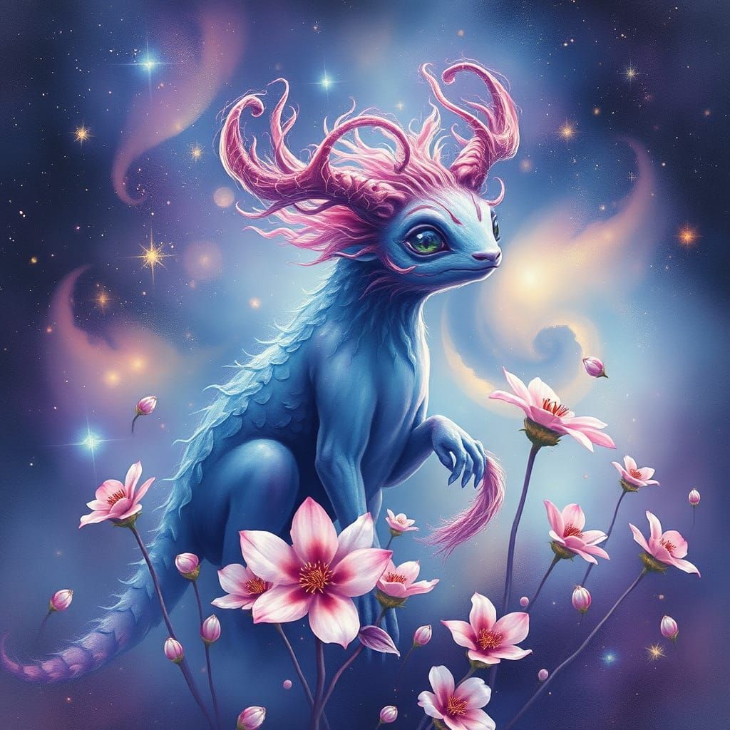 Mystical Creature with Cosmic Flowers in Watercolor