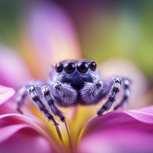 Cute Jumping Spider on Purple Flower in Digital Art Style