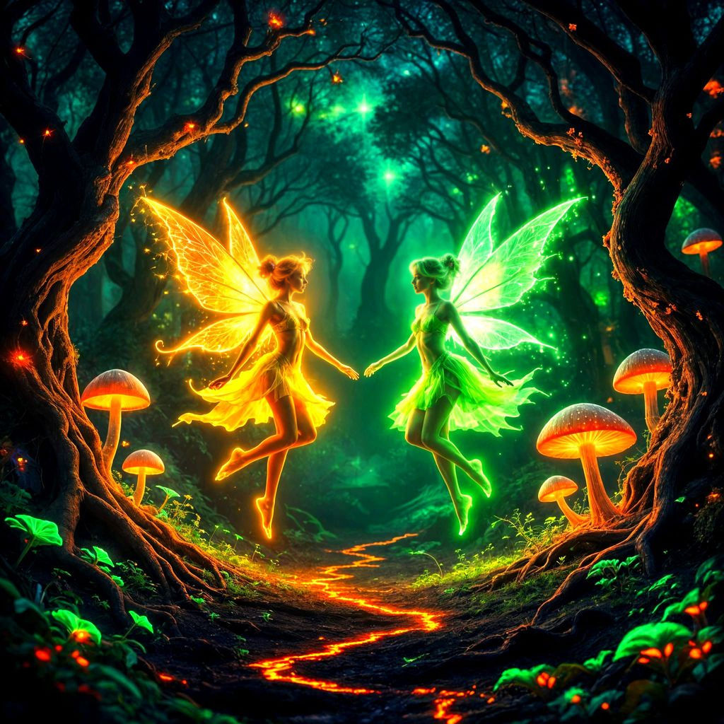 Neon Forest Fairies Dance in Psychedelic Oil Painting