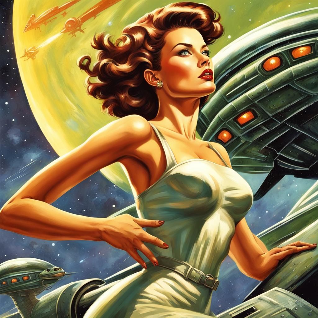 Victorious Woman Defeats Alien in Retro-Futuristic Pinup