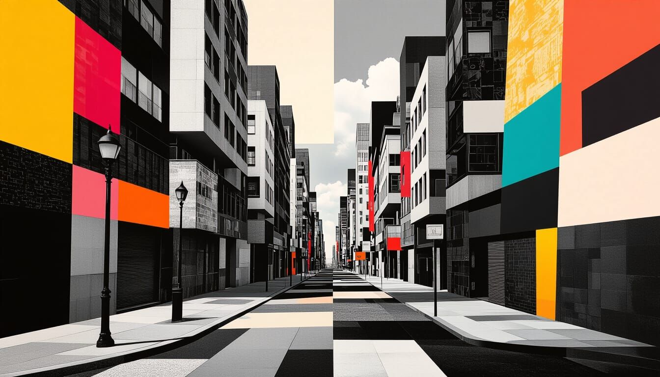 Abstract Urban Collage in Surreal Cubist Style