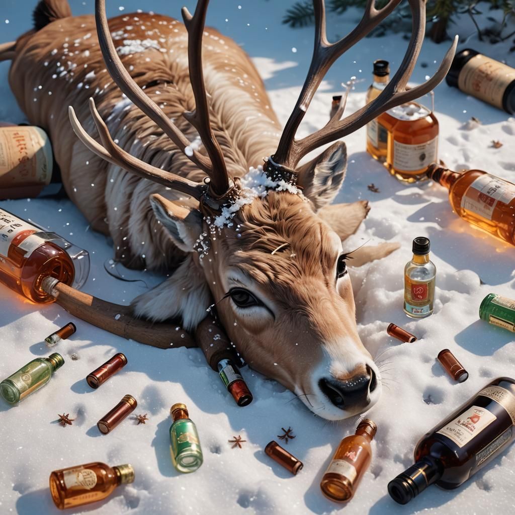Reindeer in Snow with Whiskey Bottles: 3D Anime Art