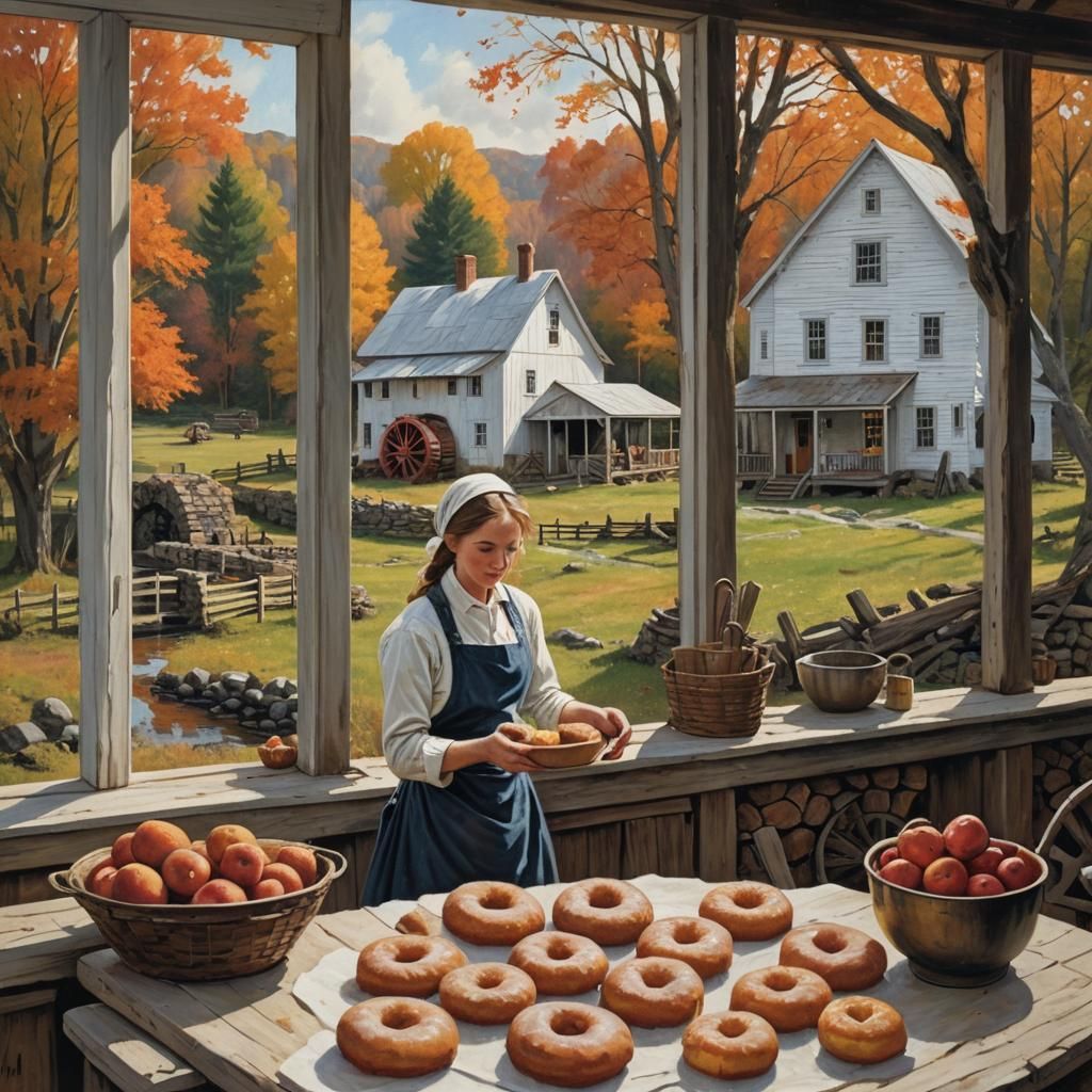 Fall Baking Scene with Grist Mill, Oil Painting