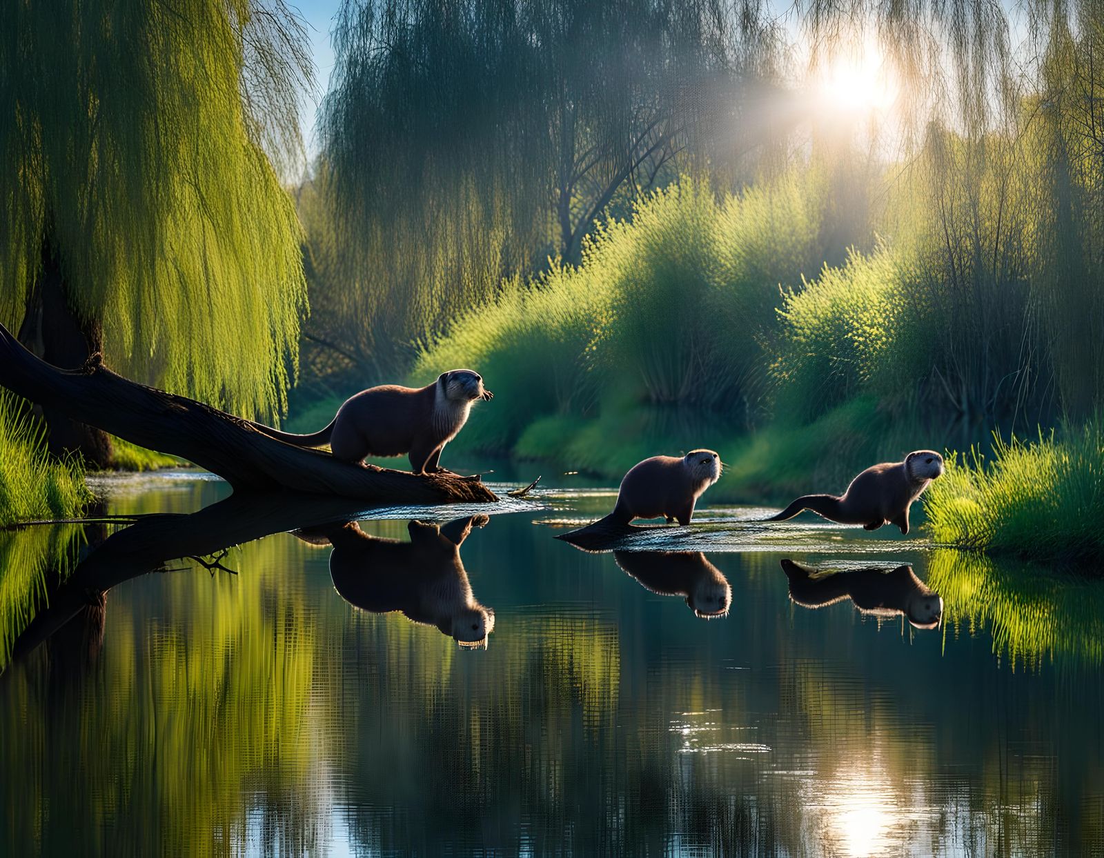Otters Playing in River on Sunny Day