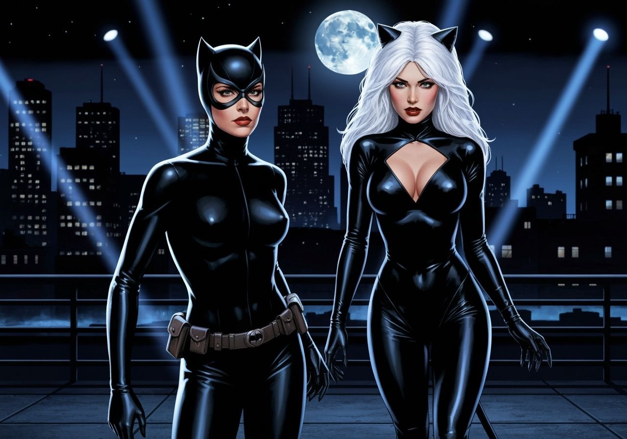 Catwoman and Black Cat in Cityscape, Comic Style