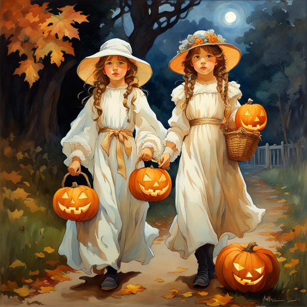 Halloween Ghosts: Alphonse Mucha-Inspired Watercolor Paintin...