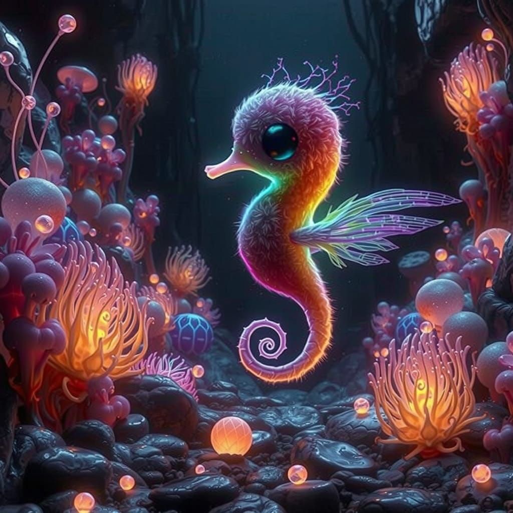 Rainbow Seahorse with Wings in Crystal Cave
