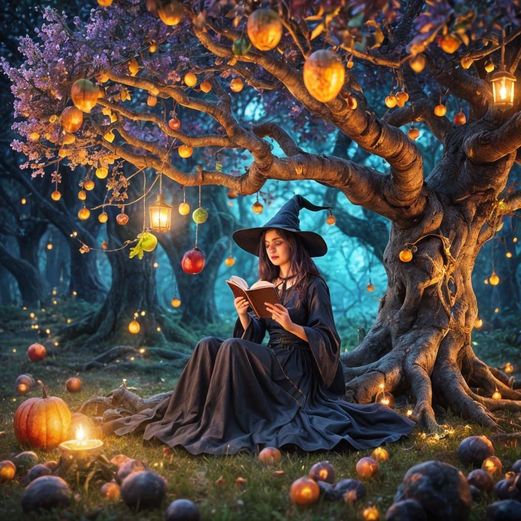 Enchanted Witch Reading Under a Magical Tree