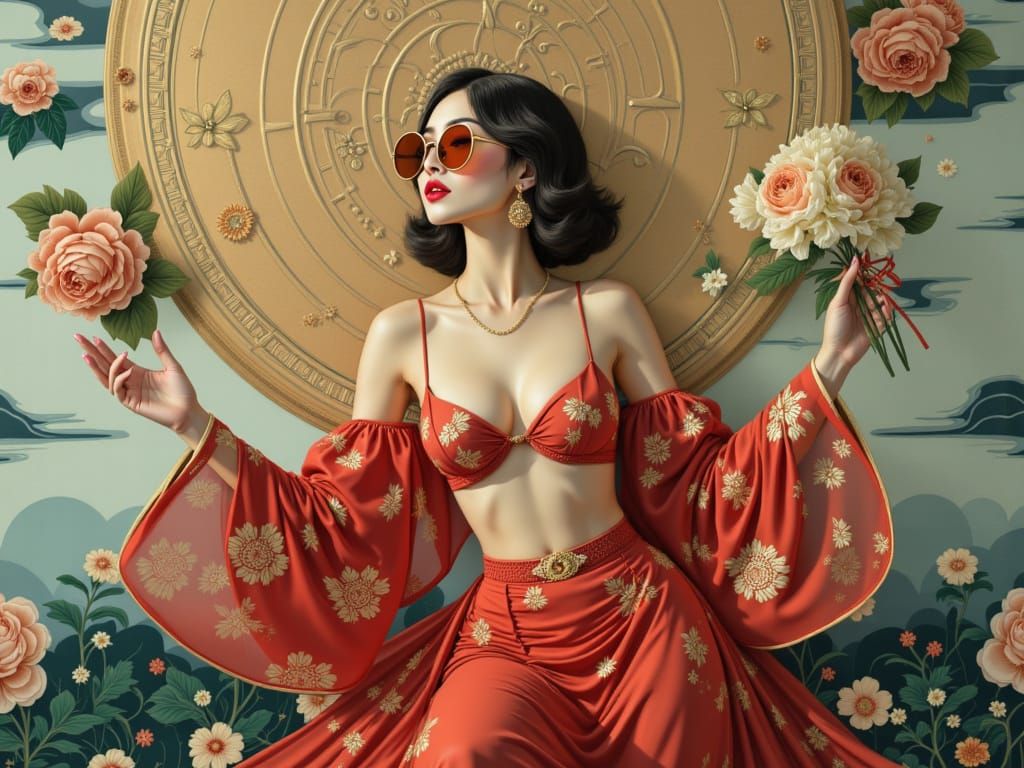 Ethereal Korean Pin-Up Girl in Vibrant Floral Wonderland