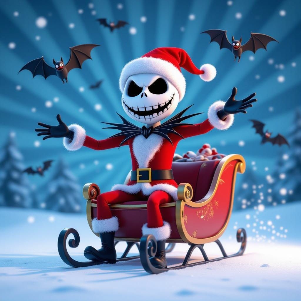 Jack Skellington as Santa Dancing in Snowy Night