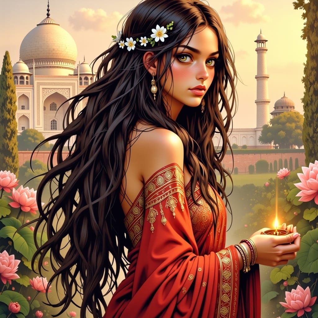 Anime Heroine in India with Taj Mahal Backdrop