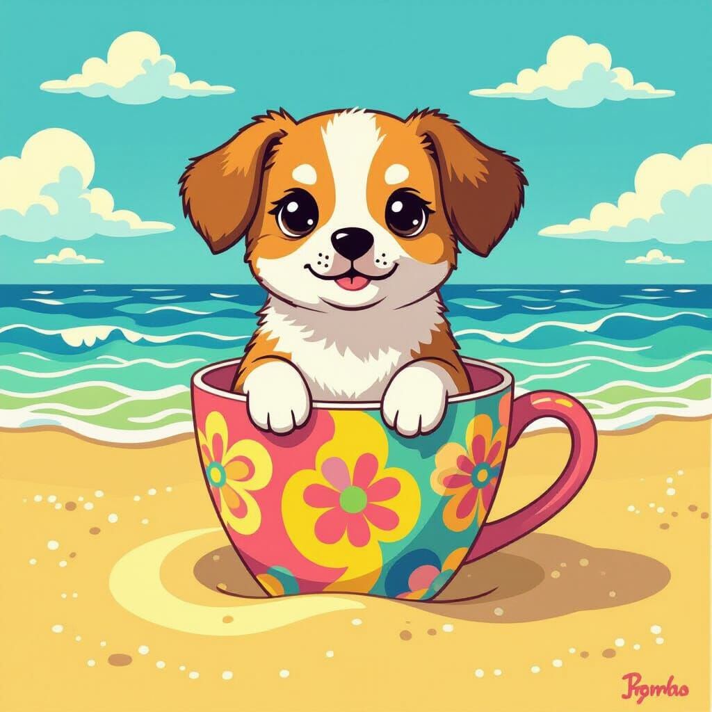 Dog in Cup on Beach, Murakami-esque Art
