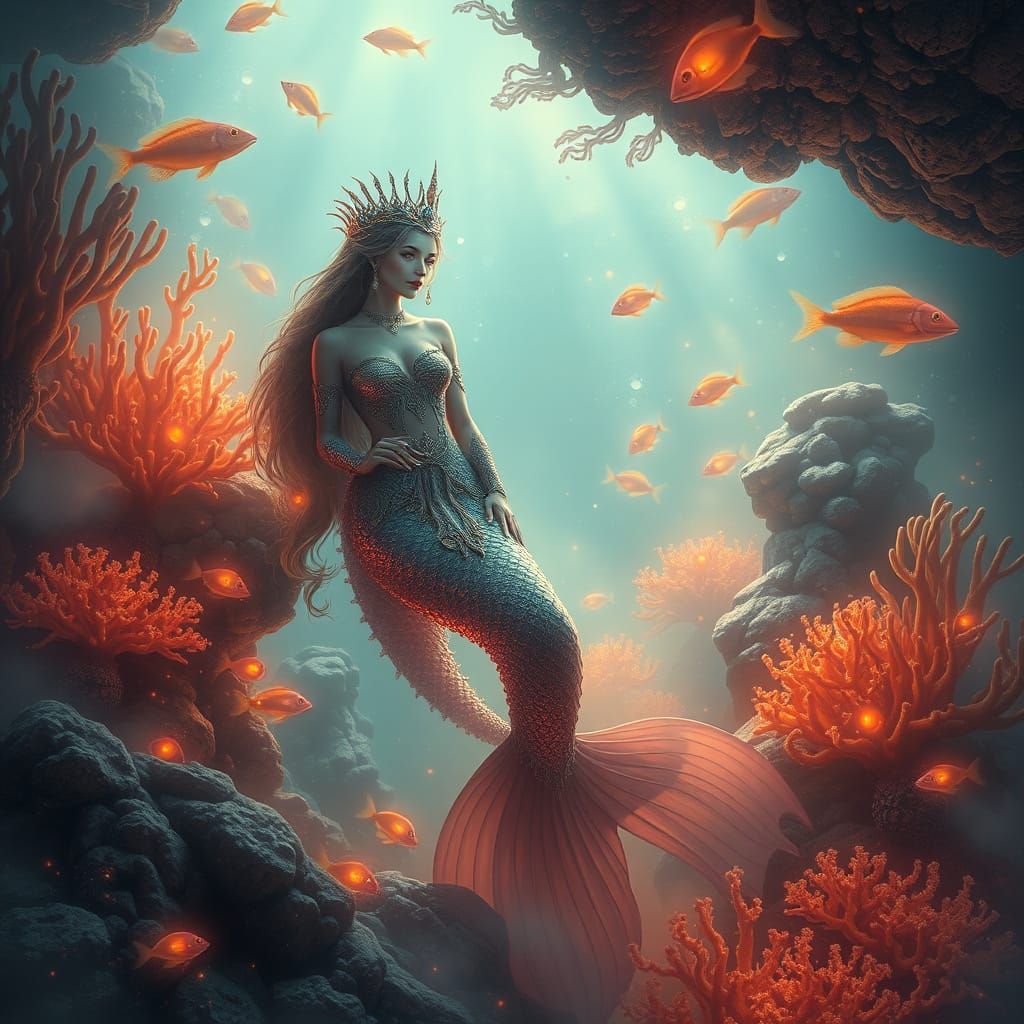Ethereal Merfolk Queen in a Glowing Coral Kingdom