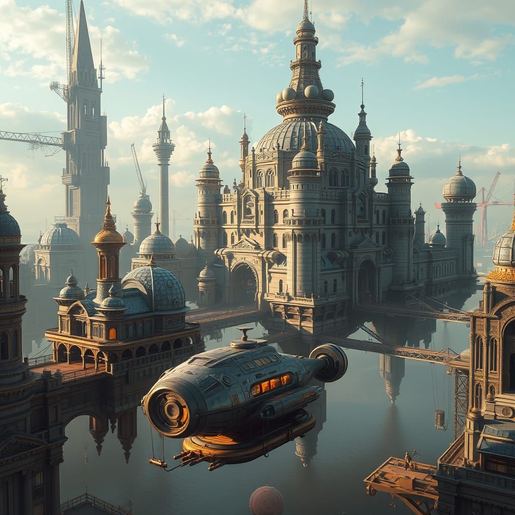 Steampunk Citadel Floating Above a Futuristic City