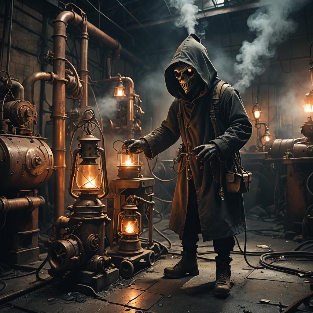 Goblin Mechanic in Abandoned Factory: Dark Surrealism