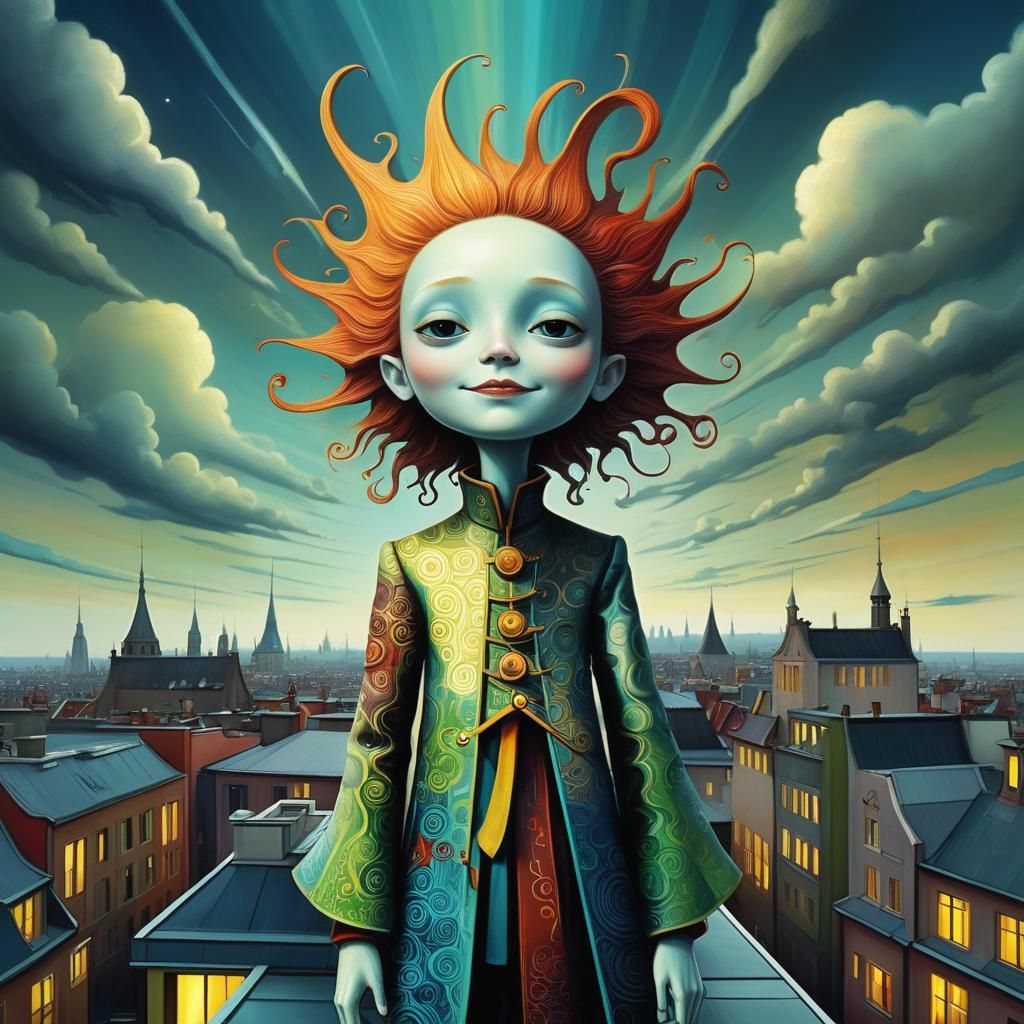 Enigmatic TRIADIC God Smiles from Rooftop Cityscape