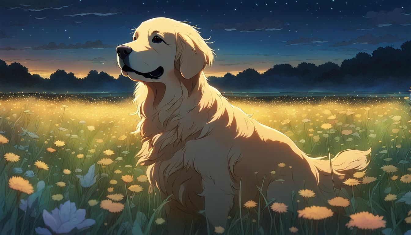 Golden Retriever in Bioluminescent Ghibli Meadow