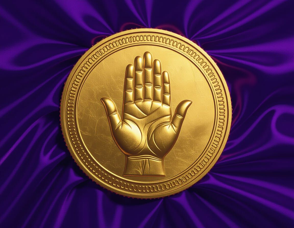 Royal Purple Flag With Gold Coin and Open Palm