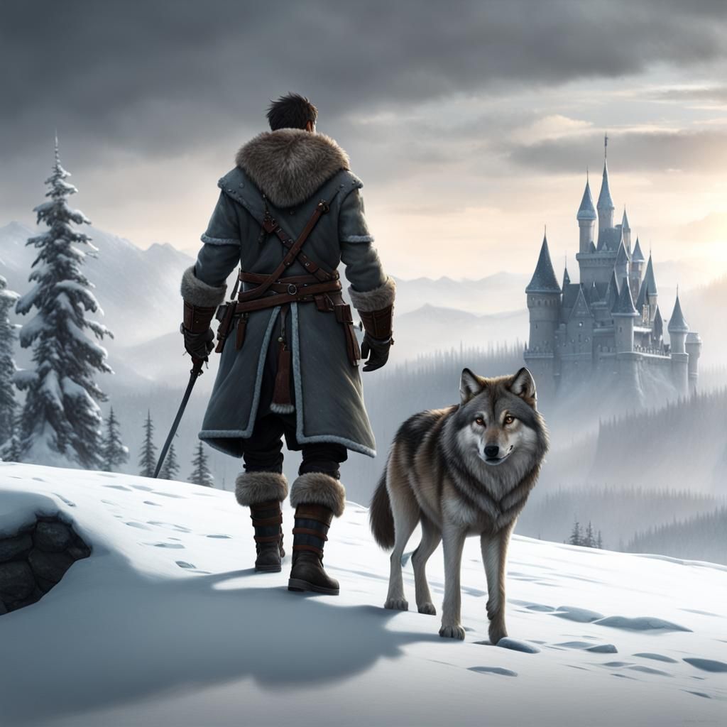Ranger and Wolf in Snowy Landscape, CGI Art
