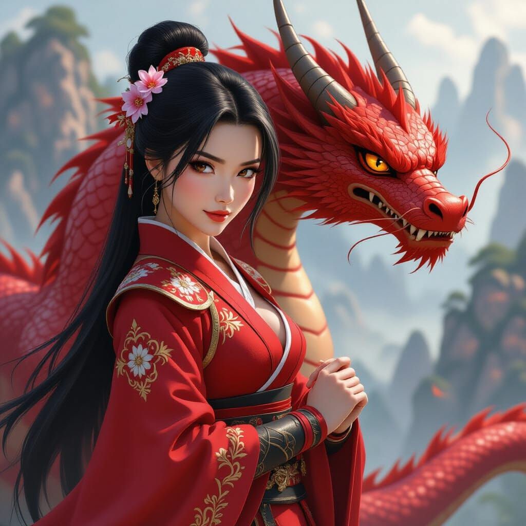 Mulan and Red Dragon in Photorealistic Style