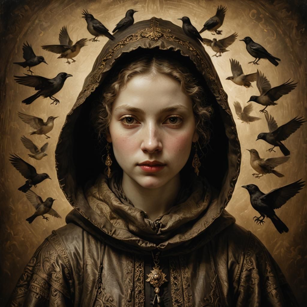 Baroque Girl with Birds in Rembrandt Style