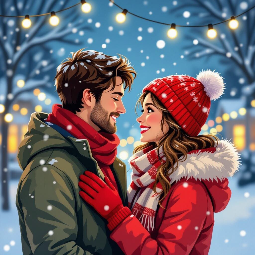 Romantic Christmas Eve Couple Under Snowfall